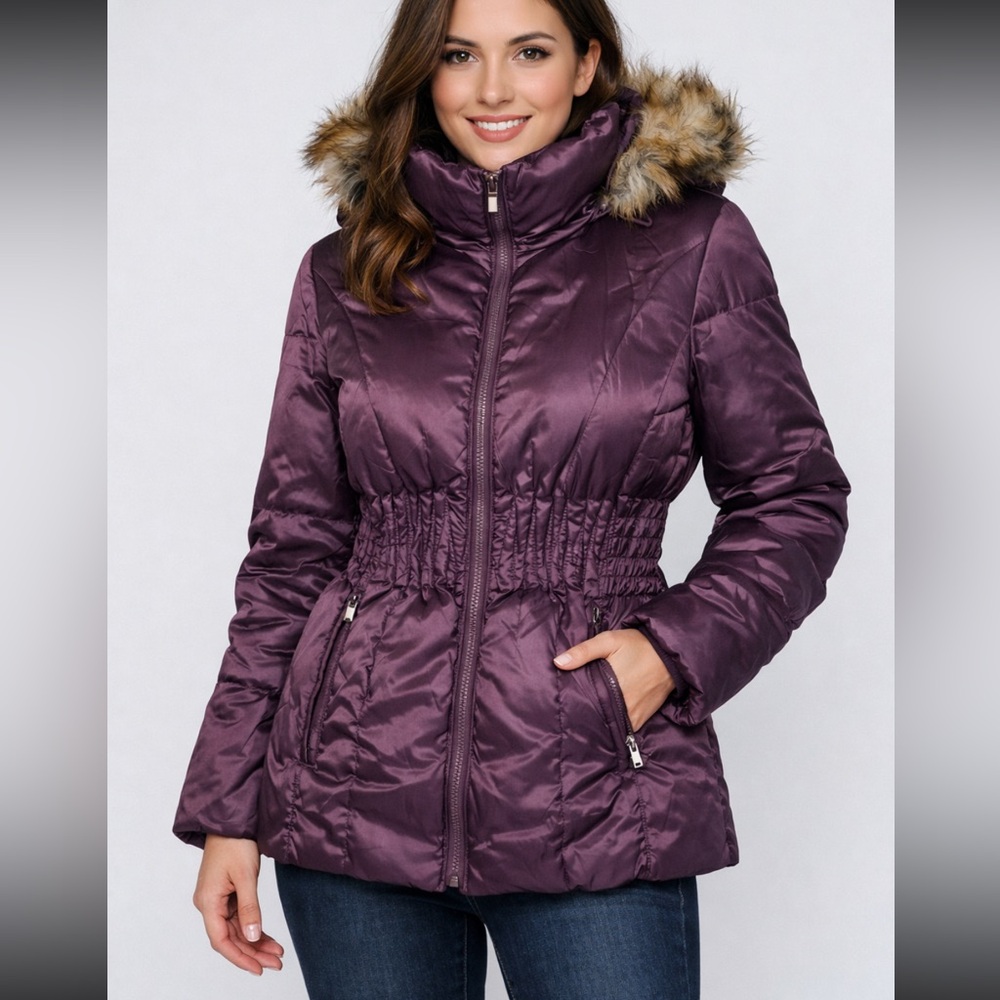 Shelli Segal‎ Fitted Plum Puffer Jacket Faux Fur Hood Cinched Waist Winter Coat